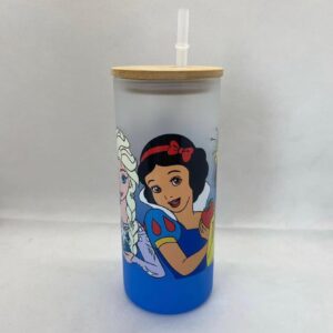 Vaso de Vidrio con Blanca Nieves – Tapa de Bambú y Bombilla