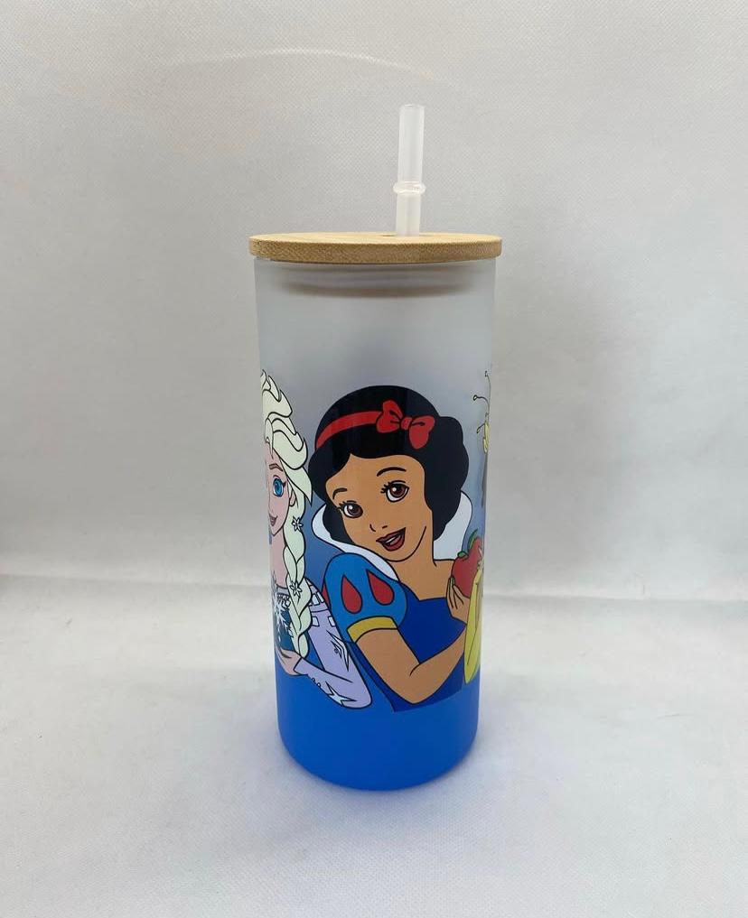 Vaso de Vidrio con Blanca Nieves – Tapa de Bambú y Bombilla