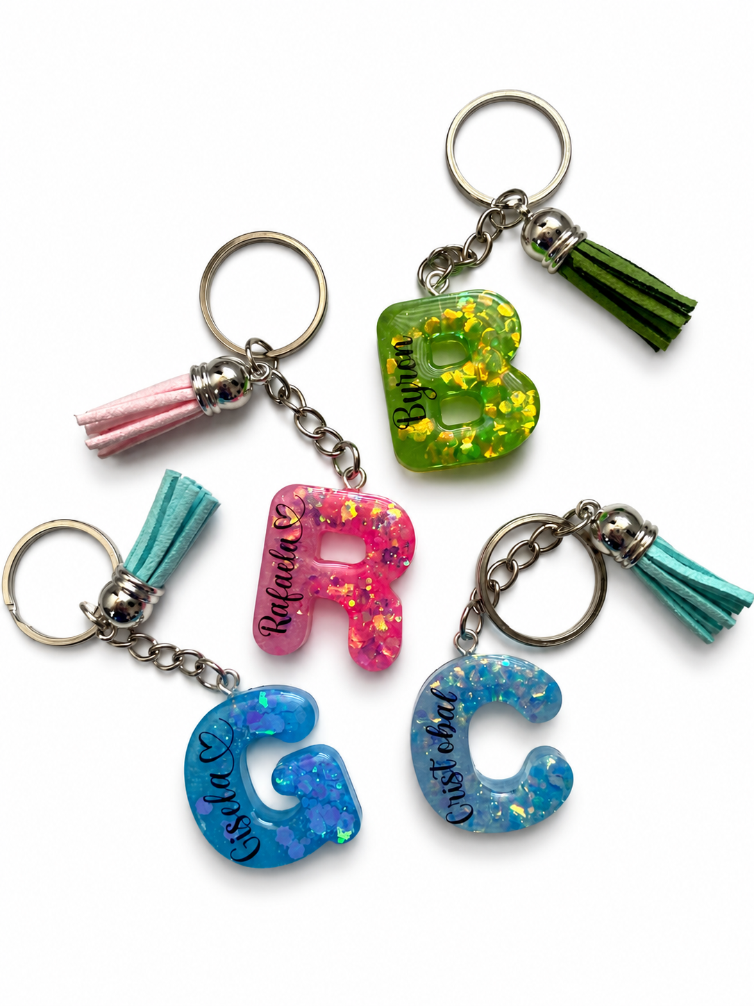 Llavero Glitter -pigmento inicial con borla